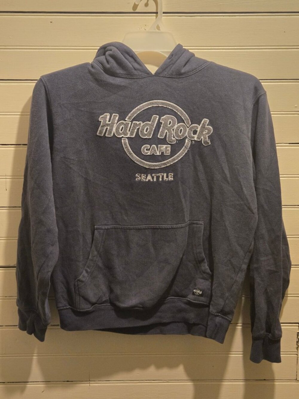 Hard Rock Cafe Hoodie Seattle Unisex S Vintage Pullover Navy Blue Logo Fleece